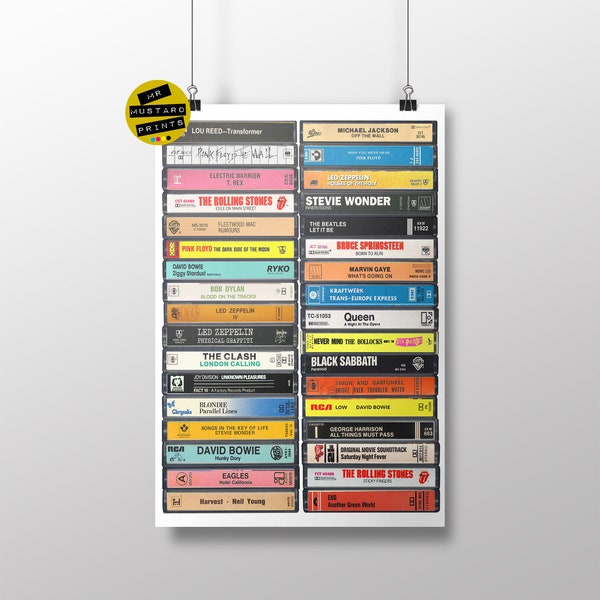 1970's Music Cassette Print, Greatest Albums of the 70s, Poster, Art, Seventies Music Fan, 70s Fan, 70s Party, 70s Gift