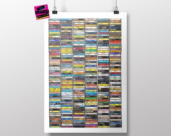 May include: A colorful wall art print featuring a collection of vintage cassette tapes. The print is arranged in rows and columns, with each tape displaying a different album title and artist. The tapes are a mix of colors, including black, white, red, blue, green, yellow, and orange.