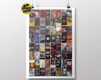May include: A poster displaying a collection of vintage cassette tapes, each with a different heavy metal or rock album cover. The tapes are arranged in a grid pattern, with a white border. The poster is suspended by a black clip.