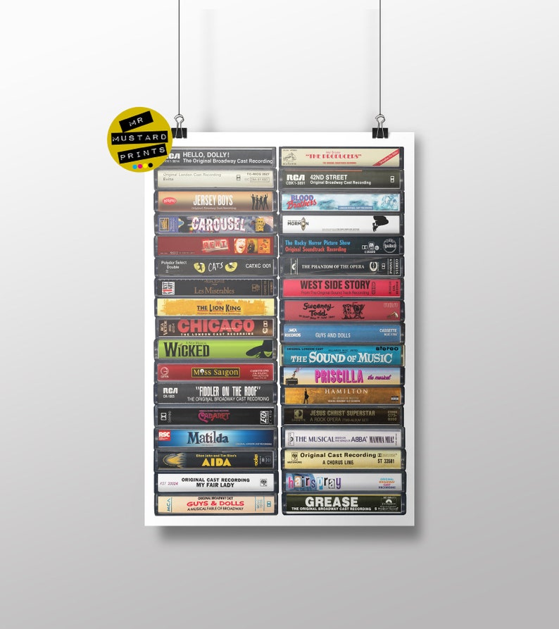 May include: A white poster with a collage of cassette tapes featuring the titles of popular Broadway musicals. The titles include "Hello, Dolly!", "Jersey Boys", "Carousel", "Cats", "Les Miserables", "The Lion King", "Chicago", "Wicked", "Miss Saigon", "Fiddler on the Roof", "Cabaret", "Matilda", "Aida", "My Fair Lady", "Guys and Dolls", "42nd Street", "Blood Brothers", "The Phantom of the Opera", "West Side Story", "Sweeney Todd", "Guys and Dolls", "The Sound of Music", "Priscilla", "Hamilton", "Jesus Christ Superstar", "The Musical ABBA", "A Chorus Line", "Hairspray", and "Grease".