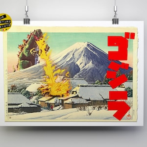 Godzilla attacks a Village, Japanese Print Mashup, Ukiyo E Print, Poster, Art, Gift, Kaiju, Gojira, ゴジラ