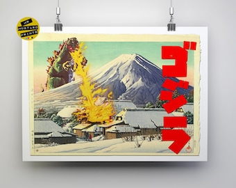 Godzilla attacks a Village, Japanese Print Mashup, Ukiyo E Print, Poster, Art, Gift, Kaiju, Gojira, ゴジラ