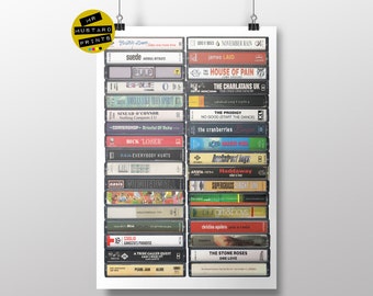 1990's Singles Cassette Print, Greatest Songs of the 90s, Poster, Art, Nineties Music Fan, 90s Fan, 90s Party, Grunge, Indie, Brit Pop