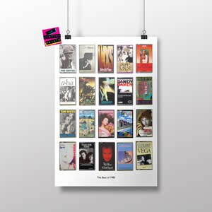 May include: A collage of cassette tapes from 1985, featuring artists like The Smiths, a-ha, Tom Waits, Eurythmics, Tears for Fears, Phil Collins, Suzanne Vega, and more. The text "The Best of 1985" is at the bottom of the collage.