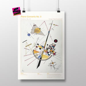 May include: A minimalist abstract art print featuring geometric shapes in black, white, red, yellow, and blue. The title "Piano Concerto No. 3" and the composer "Sergei Rachmaninoff" are printed at the top of the print.