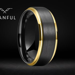 Brushed Tungsten Black & Gold Band | Black Ring | Personalised Ring | Mens Minimalist Eing | Tungsten Ring | Gift for Him, Boyfriend, Dad