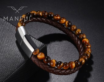 Tigers Eye Bead And Leather Bracelet | Silver Tigers Eye Bracelet | Genuine Brown Leather | Men's Leather Bracelet | Gift for Him