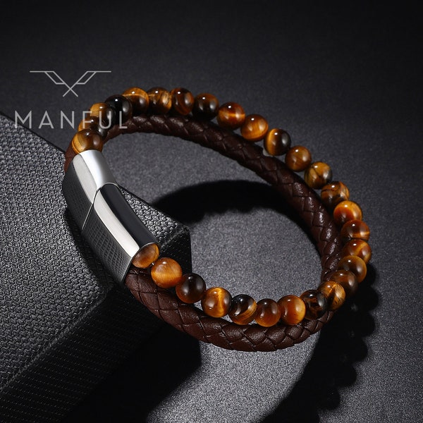 Tigers Eye Bead And Leather Bracelet | Silver Tigers Eye Bracelet | Genuine Brown Leather | Men's Leather Bracelet | Gift for Him