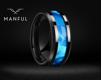 Blue Glowstone Ring | Mens Blue Ring | Mens Black Band | Unique Statement Ring | 8mm Ring | Gift for Him & Her