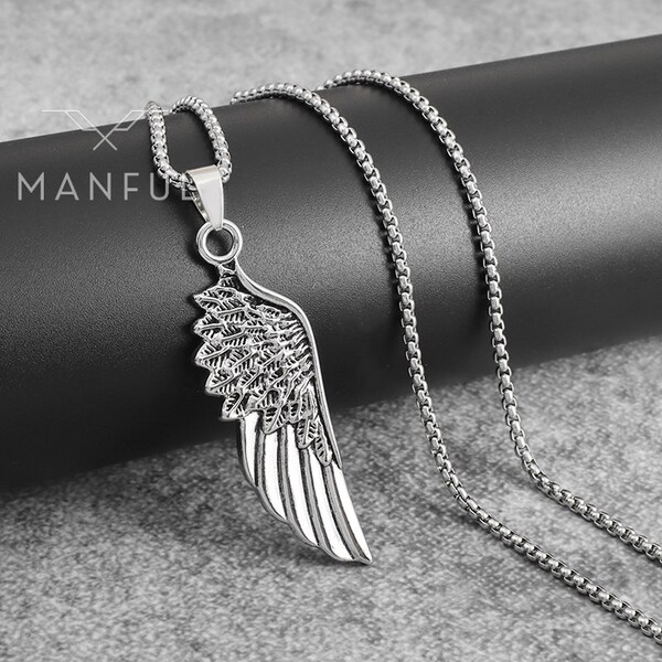 Collier pendentif aile | Collier en argent inoxydable | Collier aile | Chaîne en argent pour homme | Collier plume pour homme | Collier aile pour homme