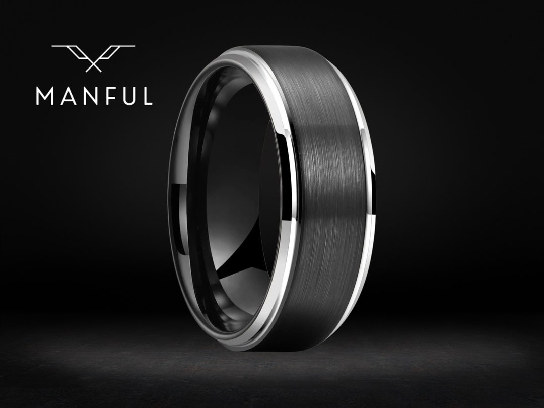 Brushed Tungsten Black & Silver Band Black Ring Personalised Ring Mens