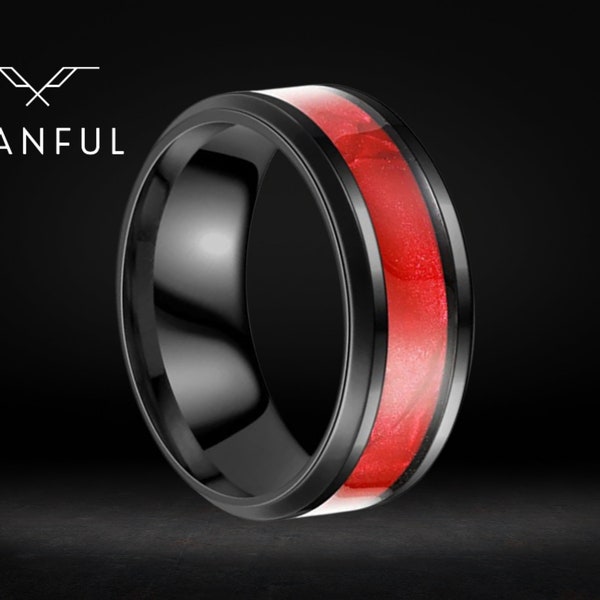 Bague pierre lumineuse rouge | Bague rouge pour homme | Bracelet noir pour homme | Bague tendance unique | Bague 8 mm | Bague unisexe | Cadeau pour elle et lui