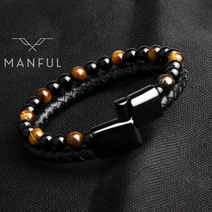 Tigers Eye Bead And Leather Bracelet | Men's Leather Bracelet | Genuine Black Leather Bracelet | Men's Tigers Eye Bracelet