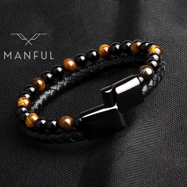 Bracelet en cuir et perles oeil de tigre | Bracelet en cuir pour hommes | Bracelet en cuir noir véritable | Bracelet homme oeil de tigre