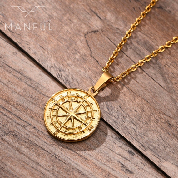 Men's Compass Necklace - Gold Compass Pendant - Talisa