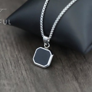 Onyx Square Necklace | Stainless Steel Necklace | Mens Silver Necklace | Black Square Necklace | Onyx Stone Pendant | Mens Onyx Pendant