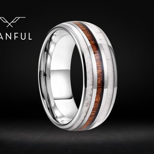 Silver Woodland Band | Koa Wood and Deer Antler Inlay | Engravable Ring | Stainless Steel Ring | Men and women's ring | 8mm Ring