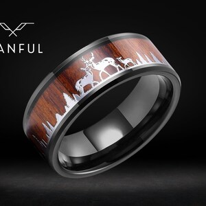 Deer Forest Ring | Stainless Steel Ring | Wooden Ring | Mens and Womens Ring | Waterproof Ring | 8mm Ring | Gift for him, boyfriend, husband