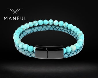 Aqua Bead And Leather Bracelet | Blue Leather Bracelet | Blue Bead Bracelet | Trendy Bracelet | Men's Bracelet | Unisex Bracelet
