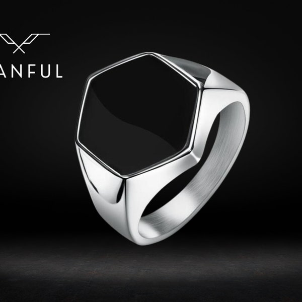 Onyx Silver Hexagon Signet Ring | Men's minimalist ring | Stainless Steel Signet | Simple Mens Ring | Gift For Him, Boyfriend, Husband