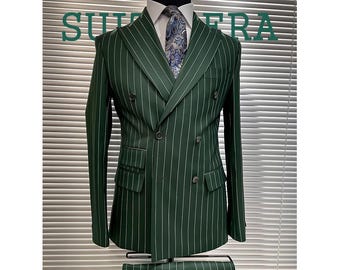 Men’s Green Pinstripe Double Breasted Suit Terry Wool Formal Suit with Peak Lapel.