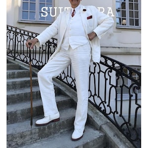 Men’s 3-Piece white Linen Suit Classic Vintage Waistcoat Set Summer Formal Suit.