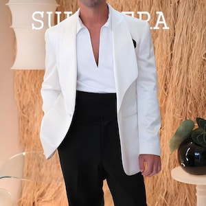Men’s White Tuxedo Jacket with Black Trousers Modern Formal Suit for Weddings Red Carpet & Black-Tie Events Peak Lapel Blazer.