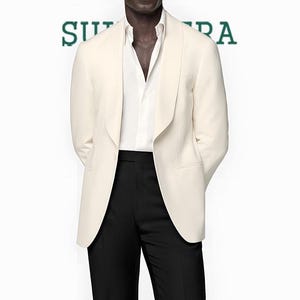 Men’s Ivory Tuxedo Blazer with Draped Shawl Lapel Modern One-Button Dinner Jacket with Black Pants.