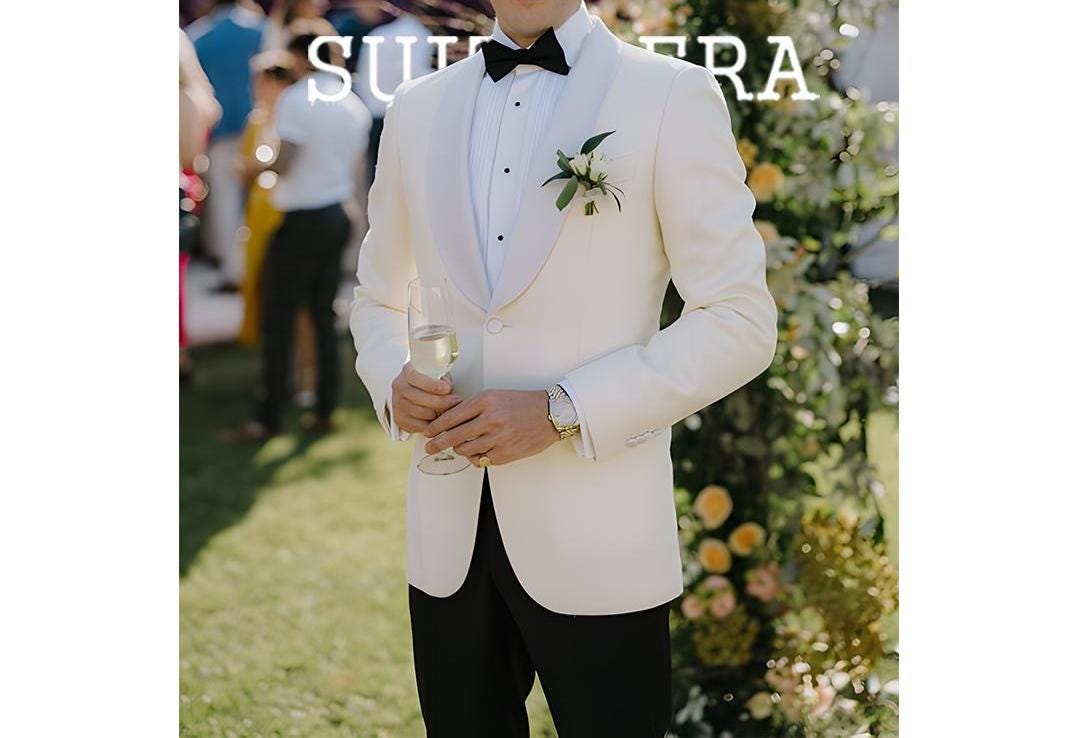 Men's Custom Black Satin Shawl Lapels on Ivory Jacket main image 0