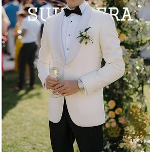 Men’s Ivory Shawl Lapel Tuxedo One-Button Wedding Dinner Jacket with Black Trousers.