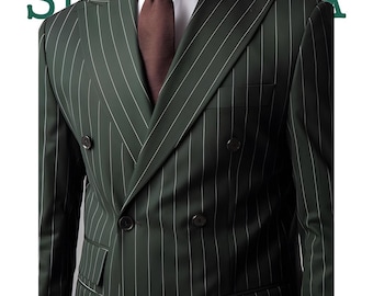 Men’s Dark Green Pinstripe Double-Breasted Suit Terry Wool Business Suit with Peak Lapels.