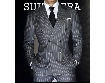 Men’s Gray Pinstripe Double-Breasted Suit Luxury Formal Business Suit Classic Italian Fit Terry Wool Pinstripe Suit.
