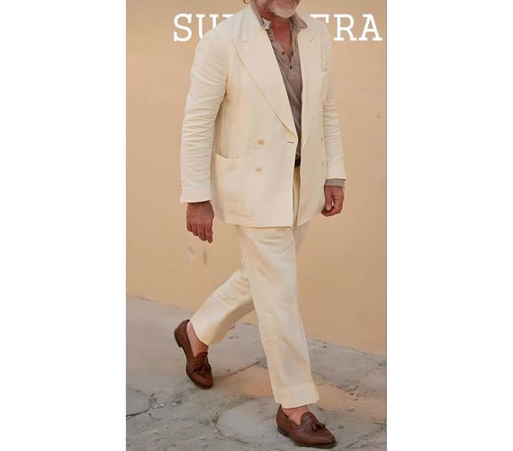 クリームリネンダブルブレストスーツ：軽量サマーウェディングブレザー