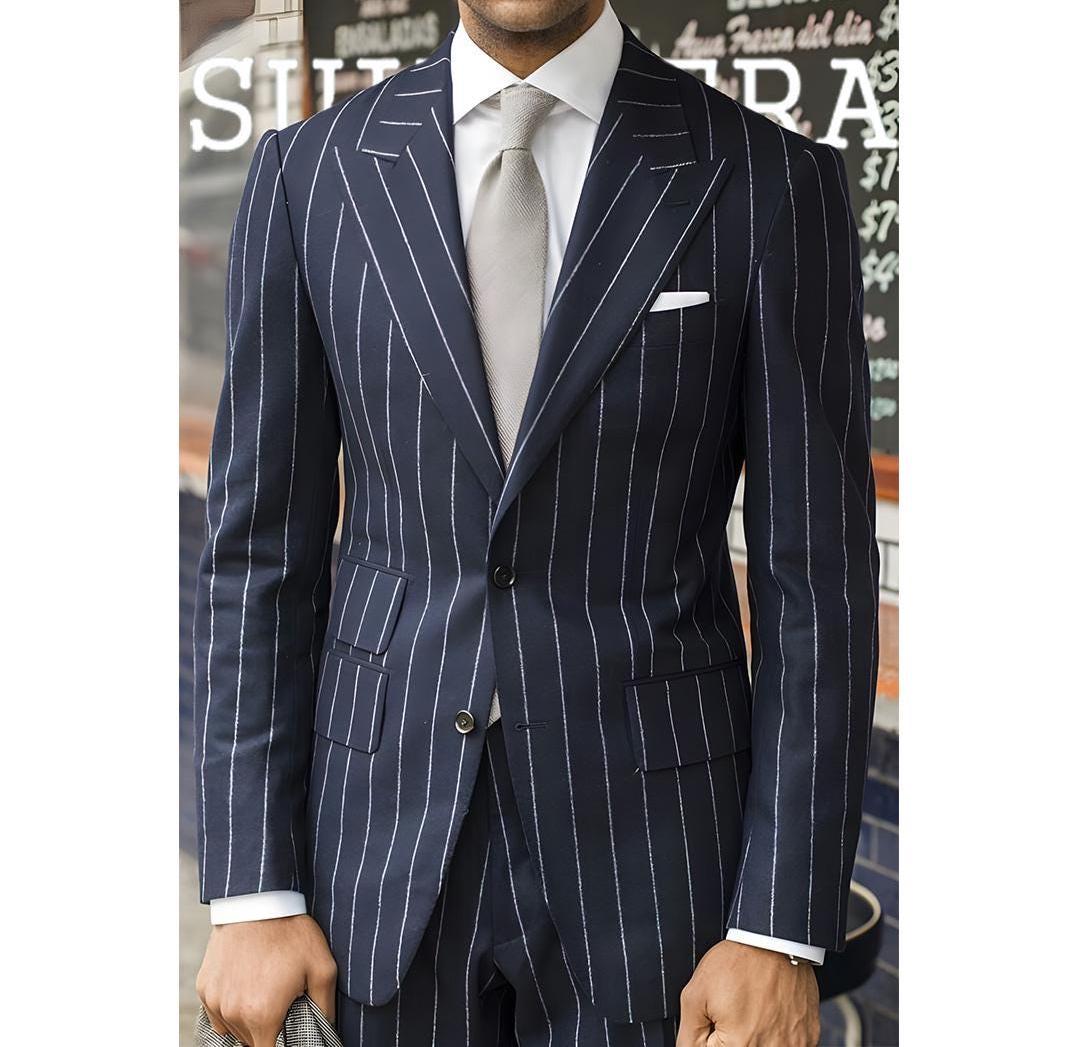 Men's Navy Pinstripe Suit Classic Two-Piece Business Suit in Superfine Terry Wool with Peak Lapel.