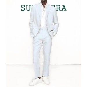 Men’s Light Blue Linen Blend Suit Modern 2 Piece Slim Fit Blazer & Trousers Summer Wedding and Formal Suit Set.