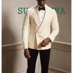Men’s Ivory Double-Breasted Tuxedo Jacket with Black Trousers Formal Dinner Suit Groom & Wedding Attire Terry Rayon.