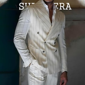 Cream Pinstripe Double-Breasted Suit for Men Luxury Terry Wool Suit for Weddings, Parties & Formal Events.