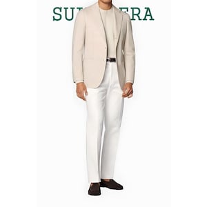 Cream Beige Linen Men’s Suit 2 Piece Set Lightweight Notch Lapel Blazer & White Linen Trousers Elegant Summer Outfit for Casual-Formal Wear.