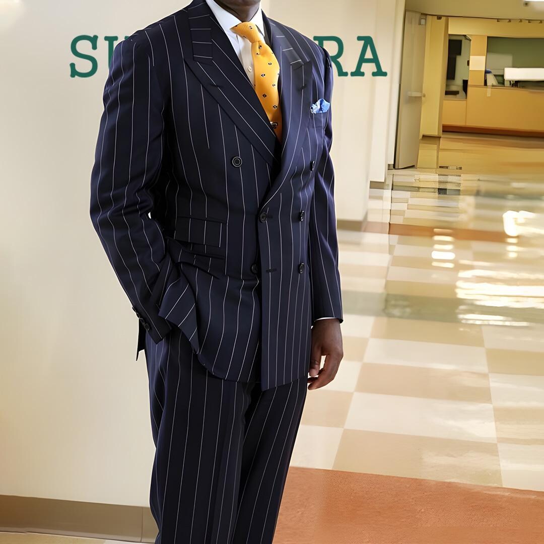 Gorgeous Dark Navy Blue Suit For Men Beaded Stripe ~ Pinstripe 2-Button Slim Fitted Suit