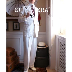 White Linen 2-Piece Summer Suit for Men Vintage Colonial Style Blazer & Trousers Lightweight Gatsby Wedding Outfit.