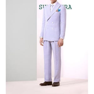 Men’s Light Blue Linen Double-Breasted Suit Summer Wedding Blazer and Pants Breathable Formal Outfit for Beach Events & Garden Parties.