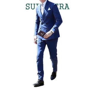 Men’s Royal Blue Double-Breasted Linen Suit Italian Slim Fit Wedding Suit Summer Garden Party Suit Classic Sartorial Blazer.