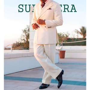 Cream Linen Double-Breasted Suit for Men 2-Piece Summer Wedding Outfit Vintage Cuban Style Blazer & Pants.