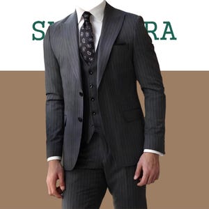 Men’s Charcoal Pinstripe 3-Piece Suit Classic Business Suit with Vest Terry Rayon Wedding & Formal Wear.