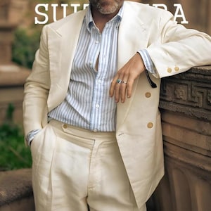 Men’s Cream Linen Suit | Double-Breasted 2-Piece Summer Outfit | Relaxed Fit Blazer & Trousers.