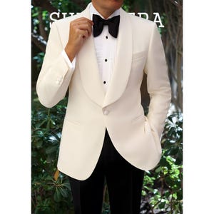 Ivory Shawl Collar Tuxedo Jacket with Black Trousers  Men’s Dinner Jacket  Wedding & Formal Attire Terry Rayon.