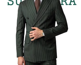 Men’s Dark Green Pinstripe Suit Double-Breasted Business Suit Terry Rayon | Groom & Groomsmen Outfit.