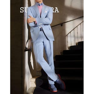 Modern Powder Blue Men’s Suit Slim Fit with Peak Lapel Statement Eveningwear for Weddings & Events.