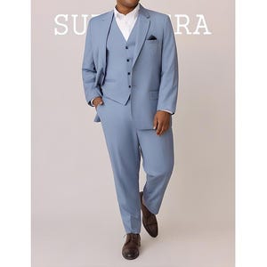 Men’s Powder Blue 3-Piece Suit Single-Breasted Jacket with Notch Lapel & Vest Plus Size Formalwear.