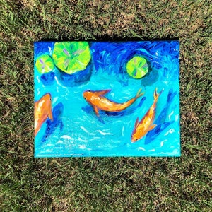 Koi Fish Acrylic Painting Original Teal Turquoise waters
